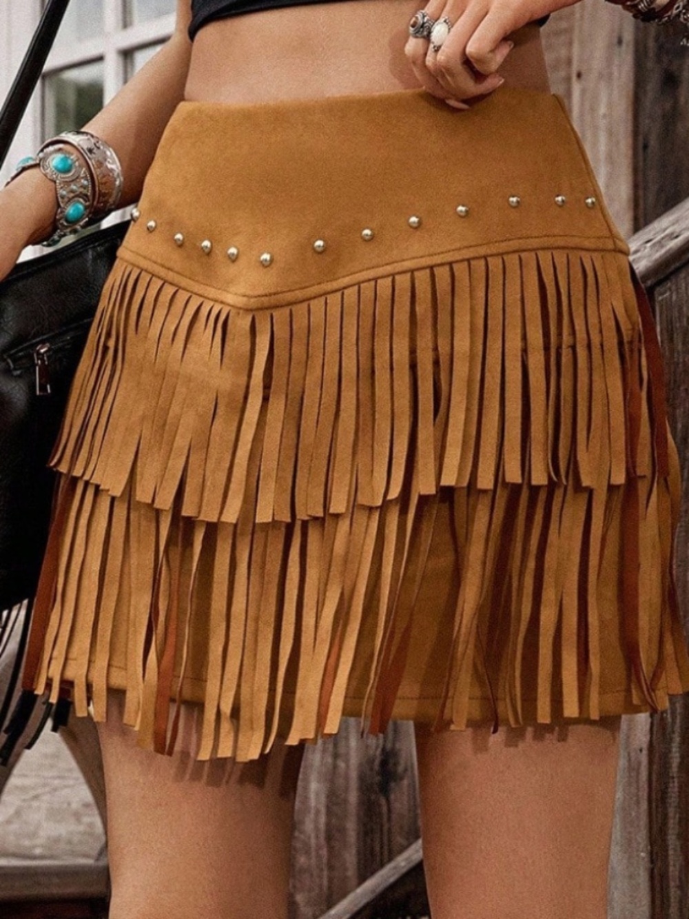 Western Vegan Suede Studded Tassel Detail Skirt - Picture 3 of 5